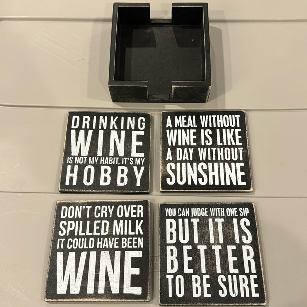 Primitives By Kathy Classic Black and White Coasters, Set of 4, Wine themed